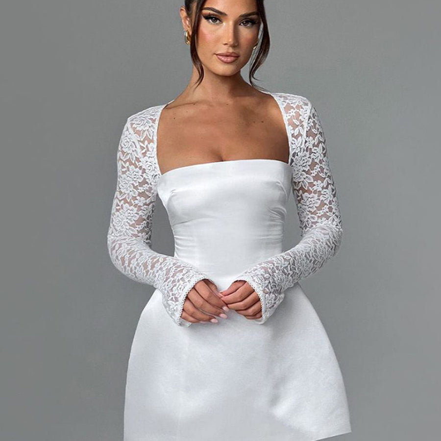 Short satin dress with lace sleeves in A-line style