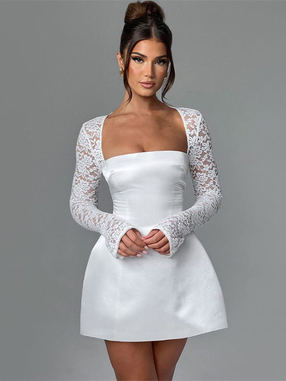 Short satin dress with lace sleeves in A-line style