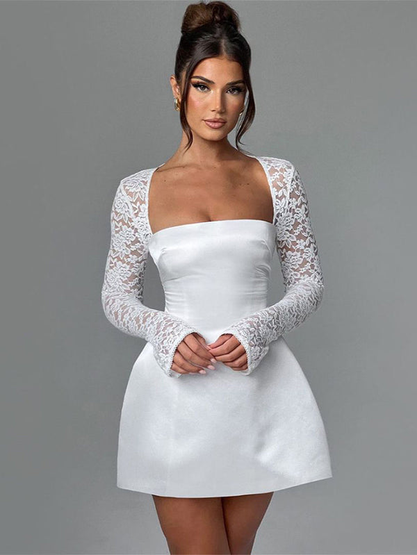 Short satin dress with lace sleeves in A-line style