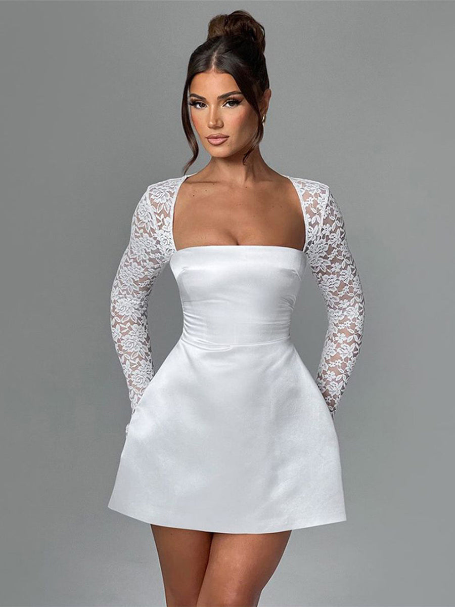 Short satin dress with lace sleeves in A-line style