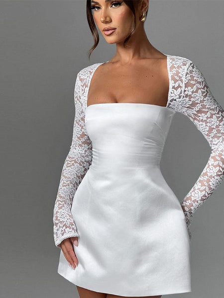 Short satin dress with lace sleeves in A-line style