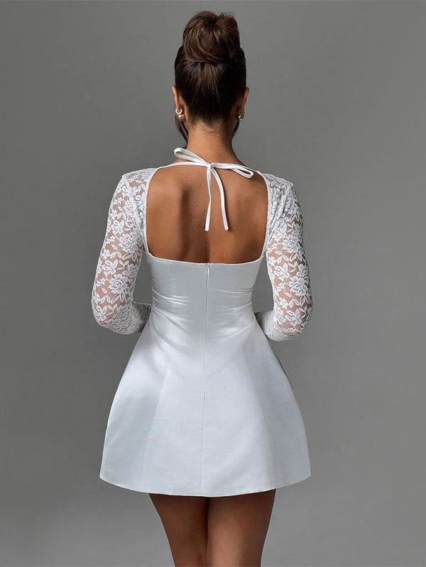 Short satin dress with lace sleeves in A-line style