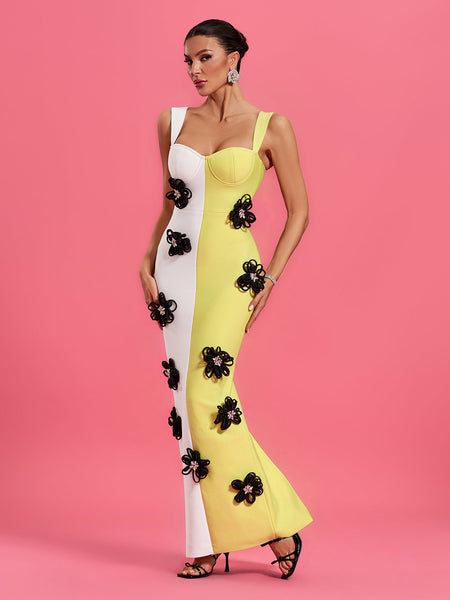 Floral Applique Colorblock Bandage Dress - Opulent Empire