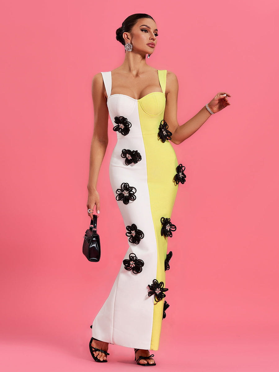 Floral Applique Colorblock Bandage Dress - Opulent Empire