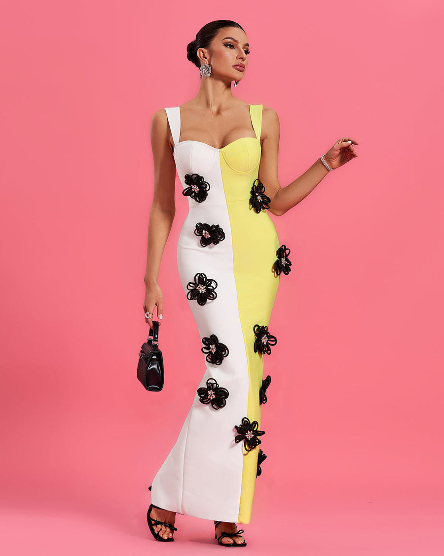 Véronique Beaumont — Floral Applique Colorblock Bandage Dress