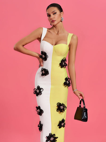 Floral Applique Colorblock Bandage Dress - Opulent Empire