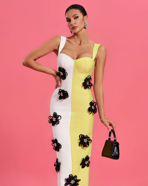 Floral Applique Colorblock Bandage Dress - Opulent Empire