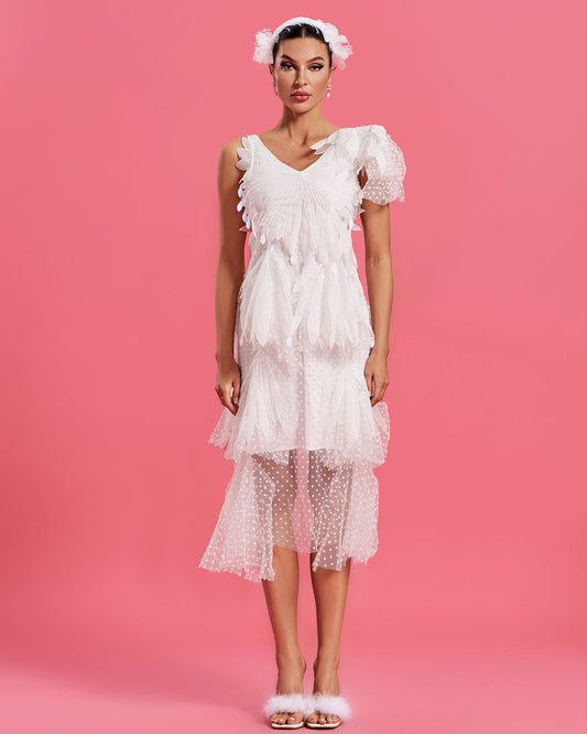 Romantic Asymmetric Midi Dress with Rhythmic Movement