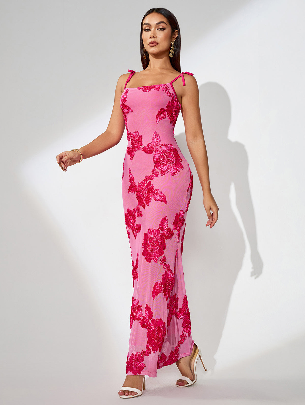Sasha — 3D Floral Embroidered Knot-strap Maxi Dress, alternate view 3