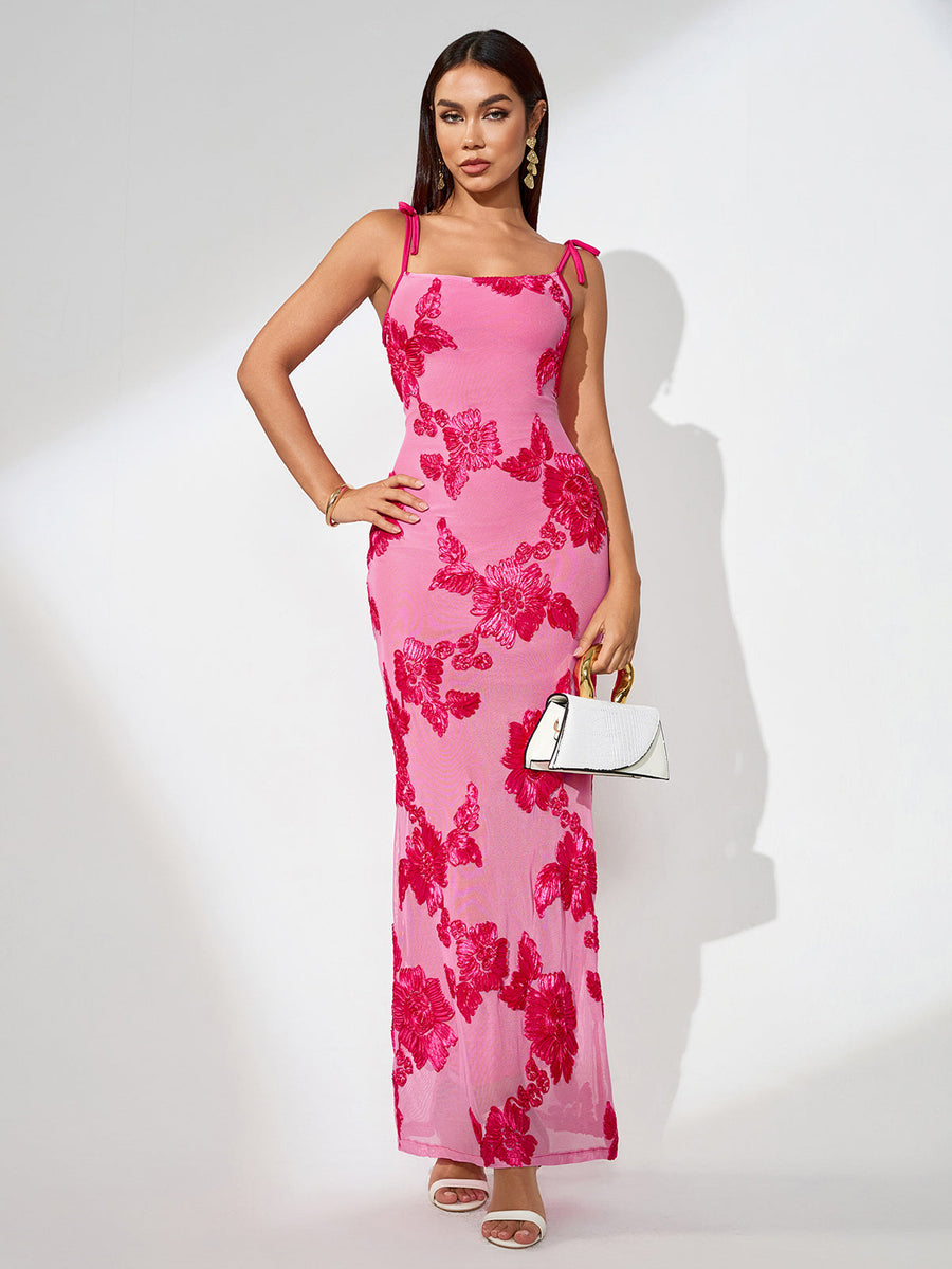 3D Floral Embroidered Knot-strap Maxi Dress - Opulent Empire