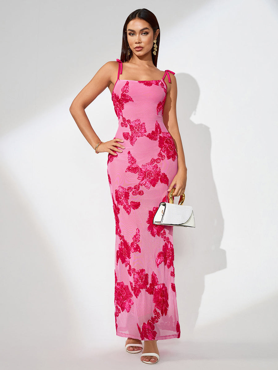 Sasha — 3D Floral Embroidered Knot-strap Maxi Dress