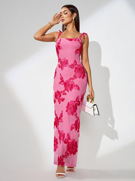 3D Floral Embroidered Knot-strap Maxi Dress - Opulent Empire