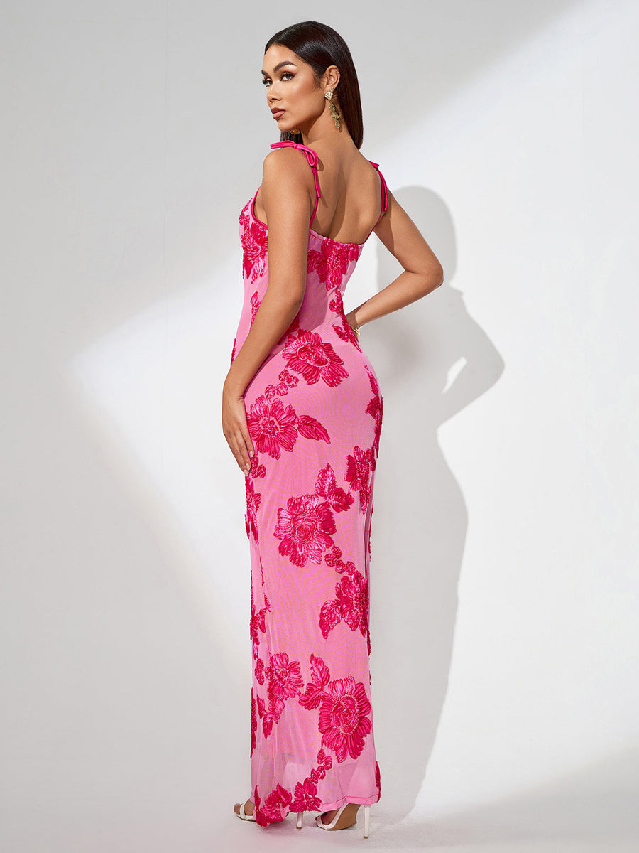 3D Floral Embroidered Knot-strap Maxi Dress - Opulent Empire