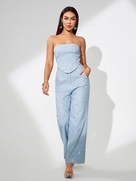 Two-piece sky blue sparkling ensemble