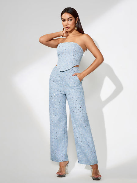 Two-piece sky blue sparkling ensemble