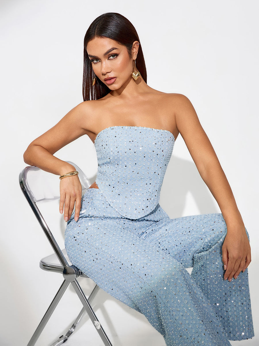 Two-piece sky blue sparkling ensemble