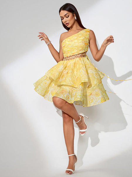 Dress with asymmetrical shoulder design and A-line cut with cut-out details