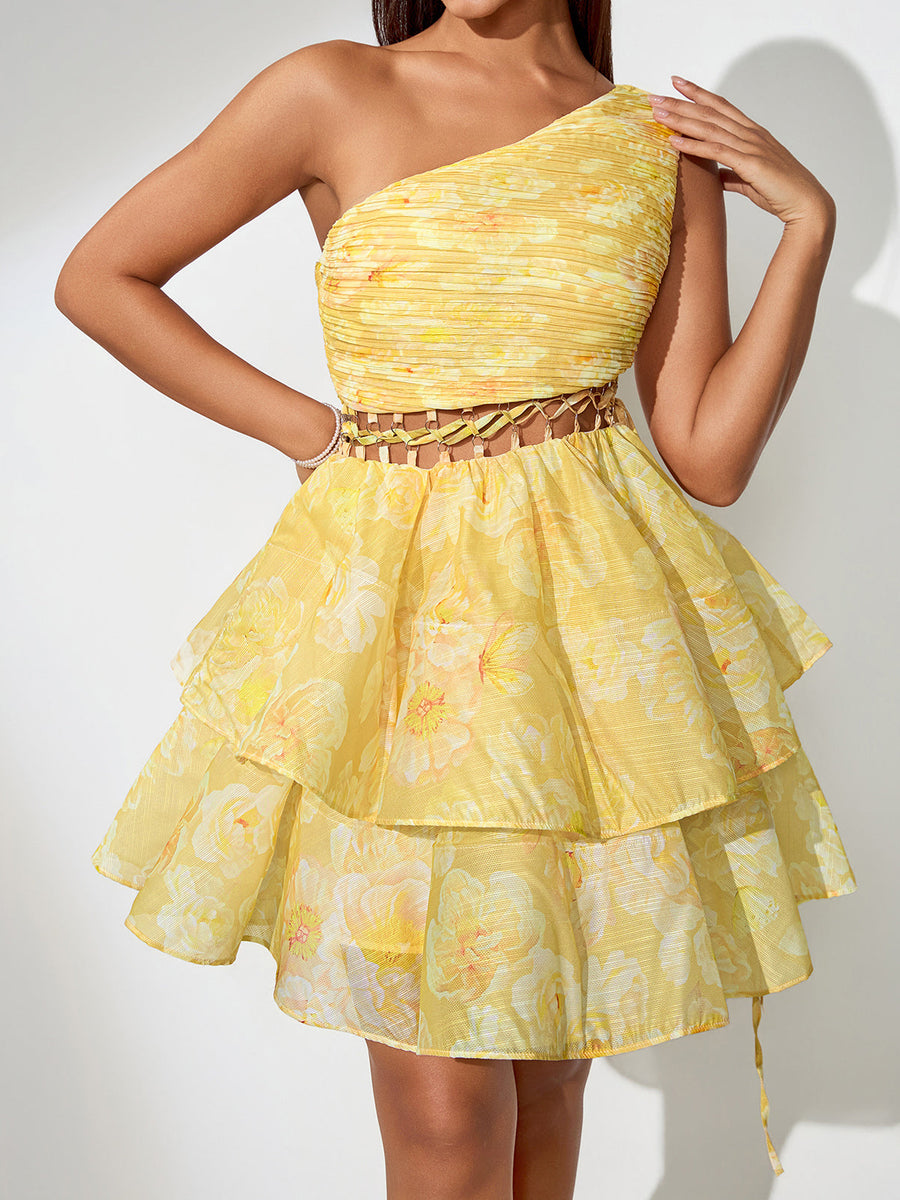 Dress with asymmetrical shoulder design and A-line cut with cut-out details