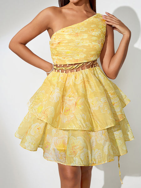 Dress with asymmetrical shoulder design and A-line cut with cut-out details