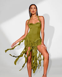 Undine Delacroix — Women's Clothing Midi Dress with Ruffles and Elegant Pompons