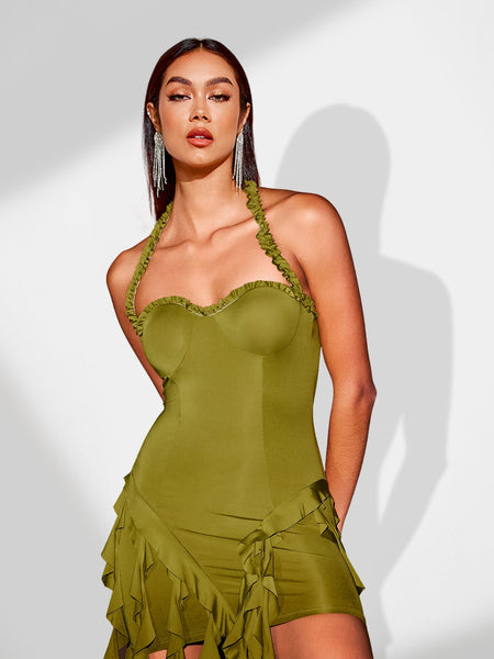 Women's Clothing Midi Dress with Ruffles and Elegant Pompons