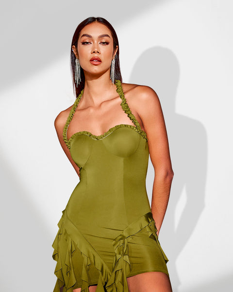 Women's Clothing Midi Dress with Ruffles and Elegant Pompons