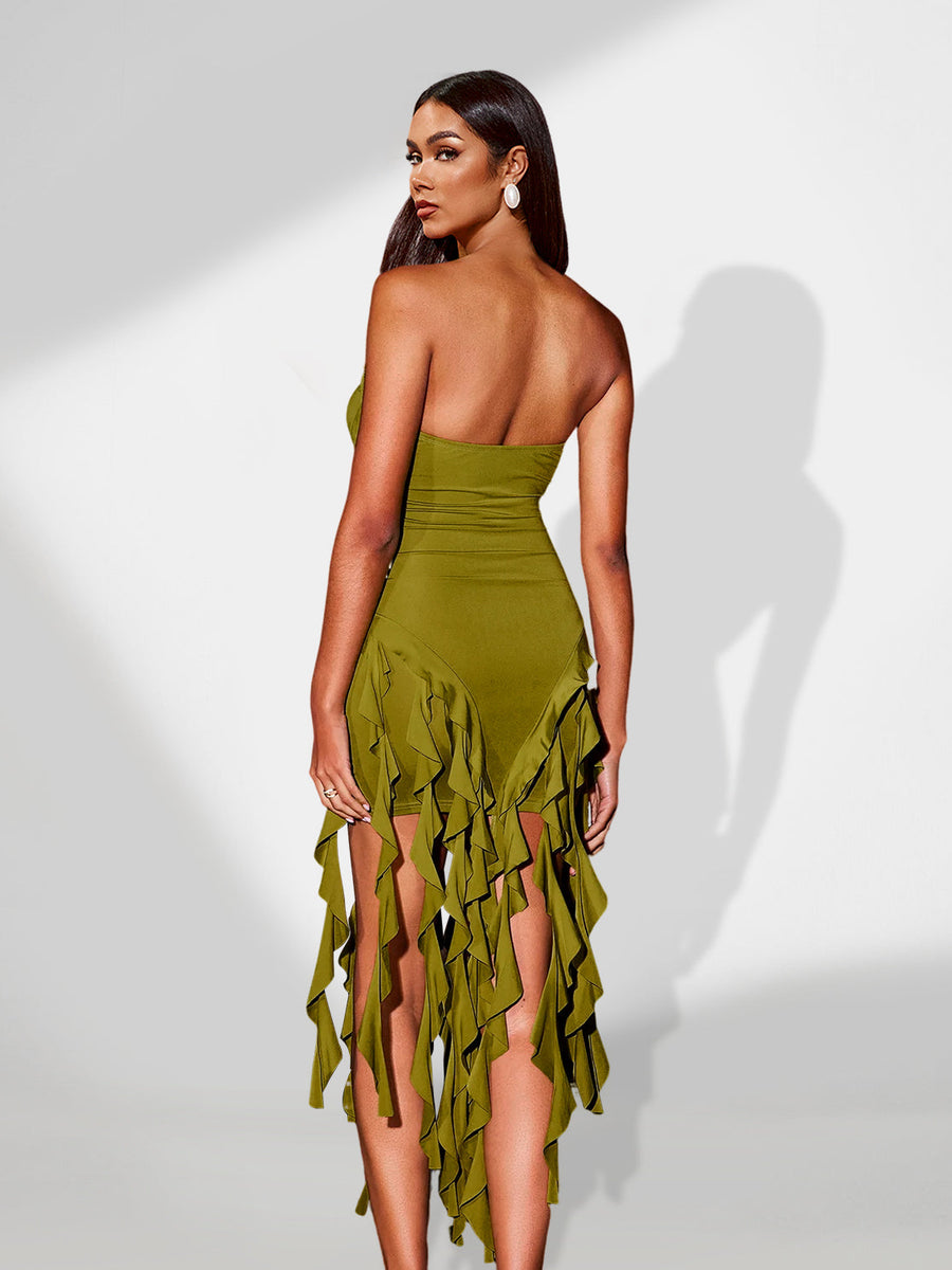 Women's Clothing Midi Dress with Ruffles and Elegant Pompons