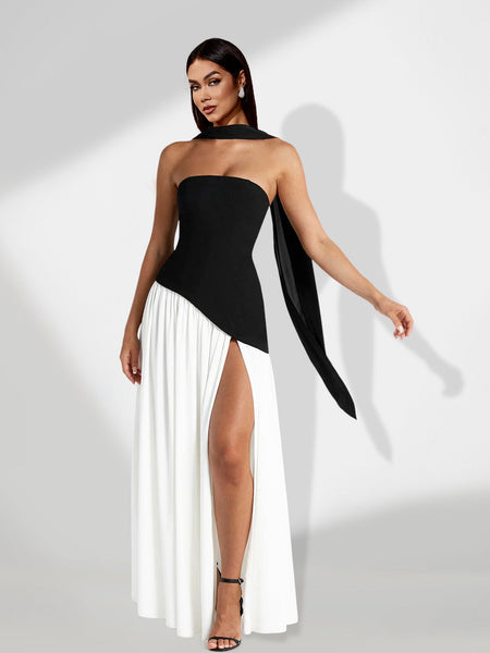 Contrasted Cut Dress with Slit for an Elegant and Modern Style