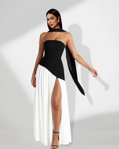 Contrasted Cut Dress with Slit for an Elegant and Modern Style