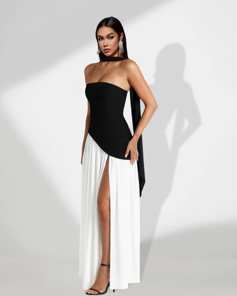 Contrasted Cut Dress with Slit for an Elegant and Modern Style