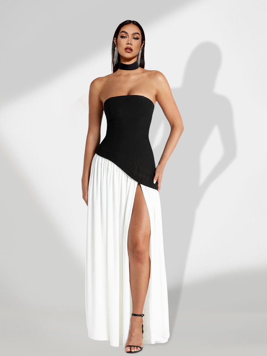 Contrasted Cut Dress with Slit for an Elegant and Modern Style