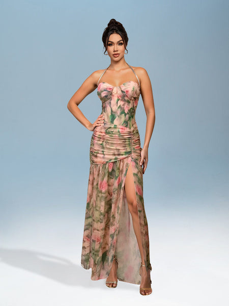 Holiday Dress with Floral Print and Slit