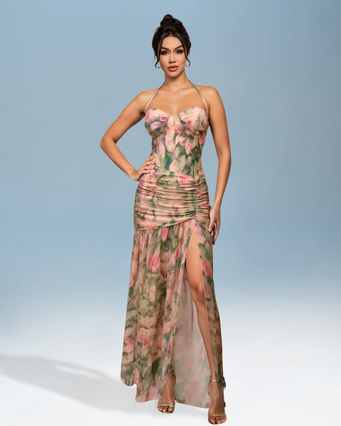 Holiday Dress with Floral Print and Slit