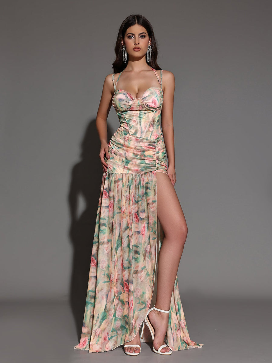 Elegant floral print maxi dress with side slit