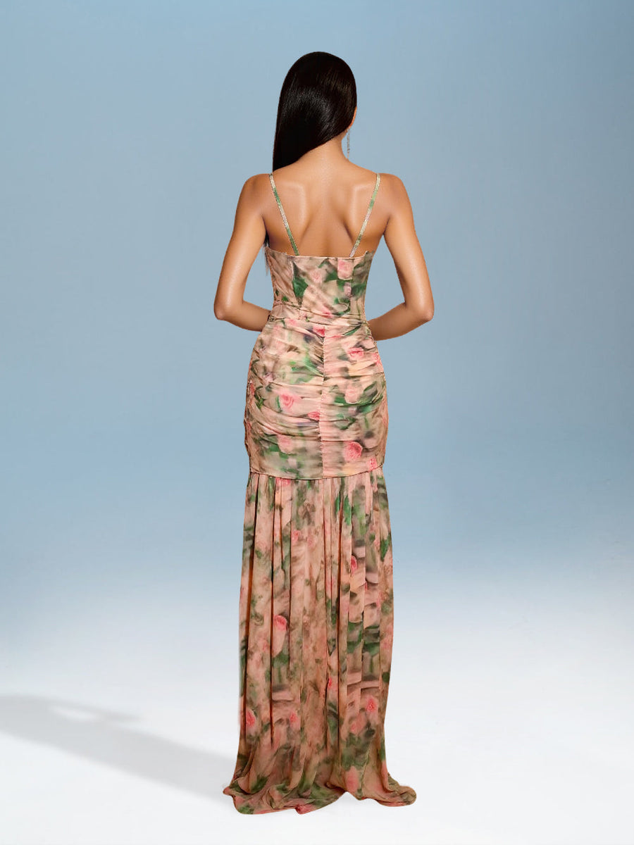 Holiday Dress with Floral Print and Slit