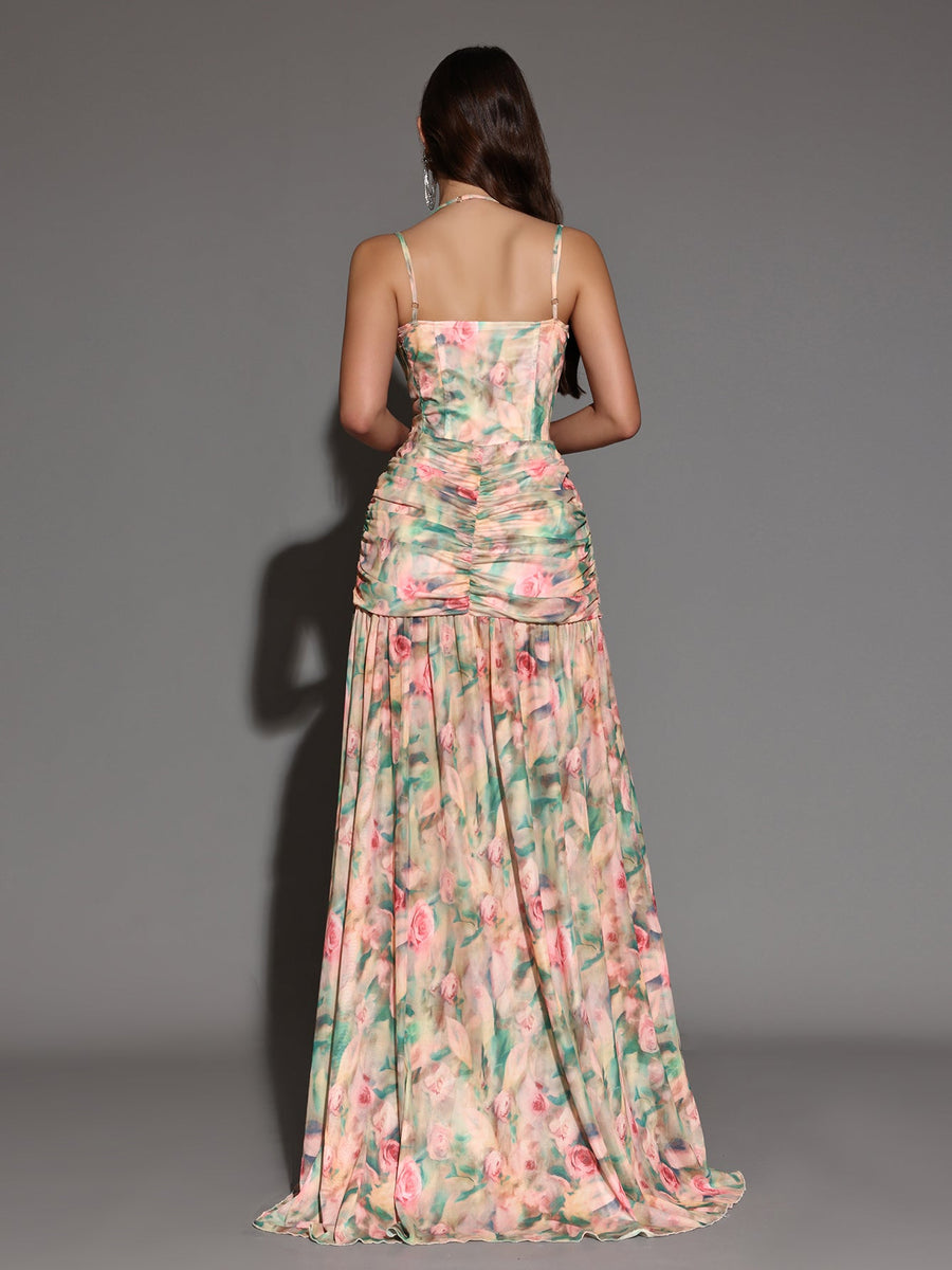 Elegant floral print maxi dress with side slit