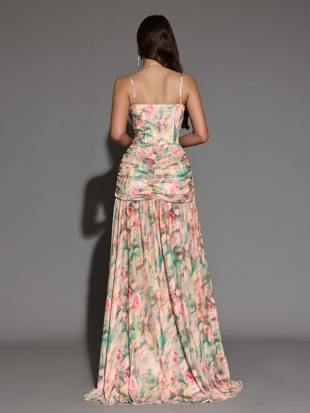 Elegant floral print maxi dress with side slit