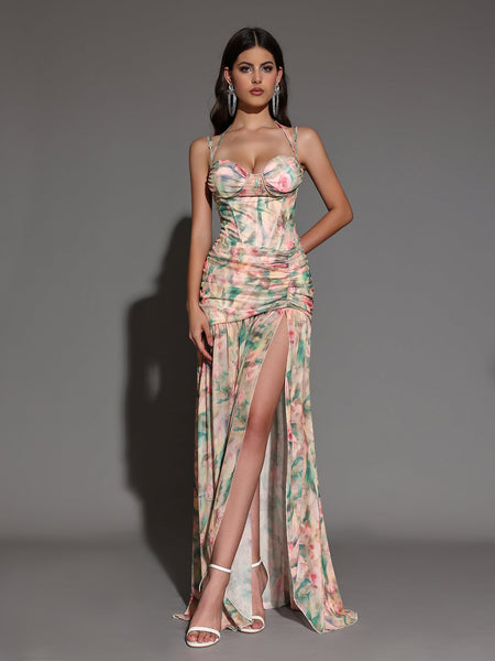 Elegant floral print maxi dress with side slit