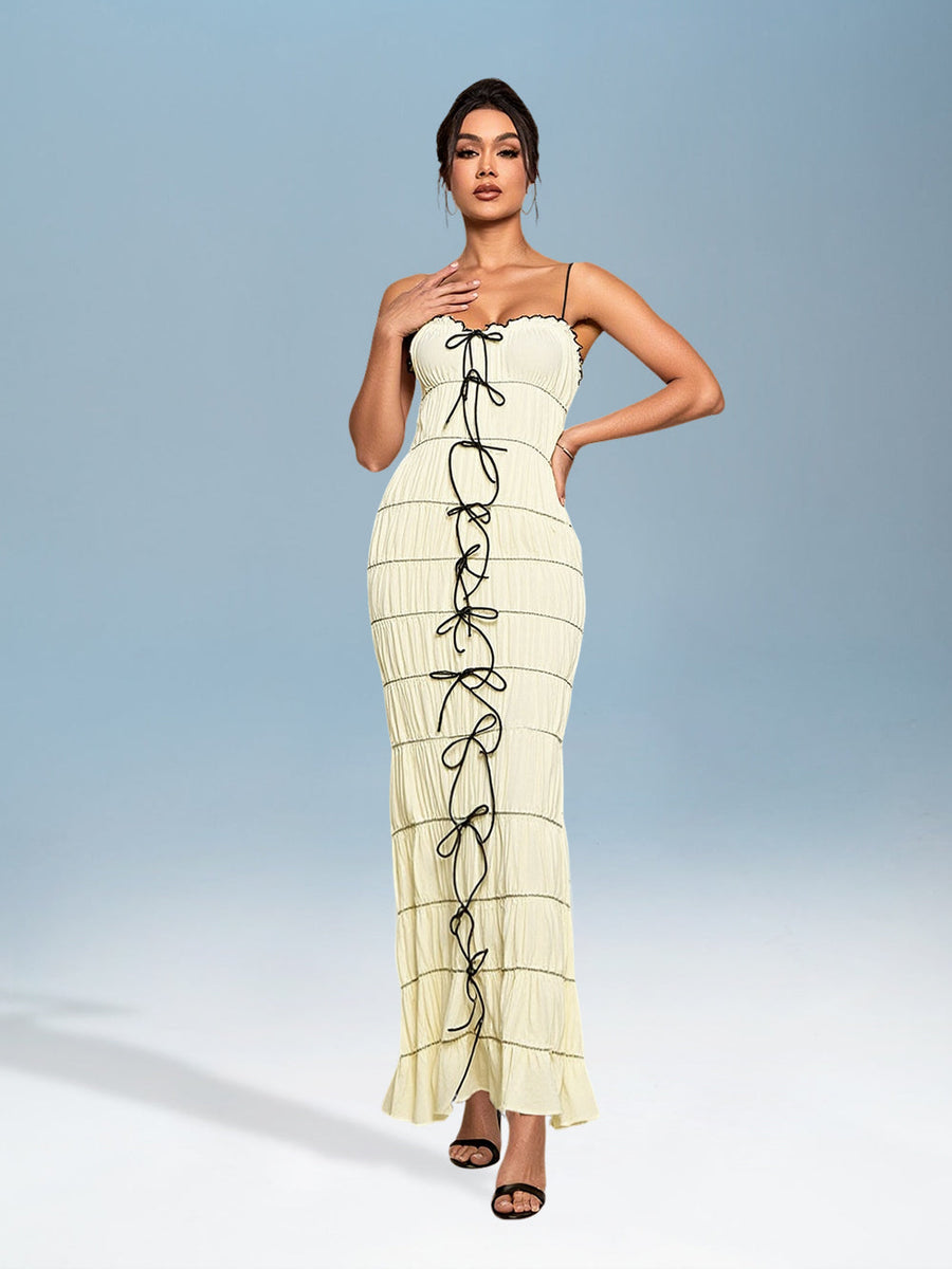 Elegant Maxi Dress with Pleated Bow Tie