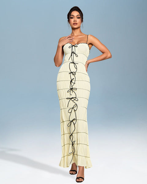 Elegant Maxi Dress with Pleated Bow Tie