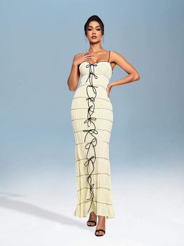 Elegant Maxi Dress with Pleated Bow Tie