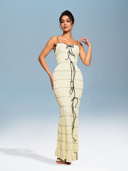 Elegant Maxi Dress with Pleated Bow Tie