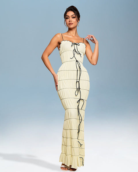 Elegant Maxi Dress with Pleated Bow Tie