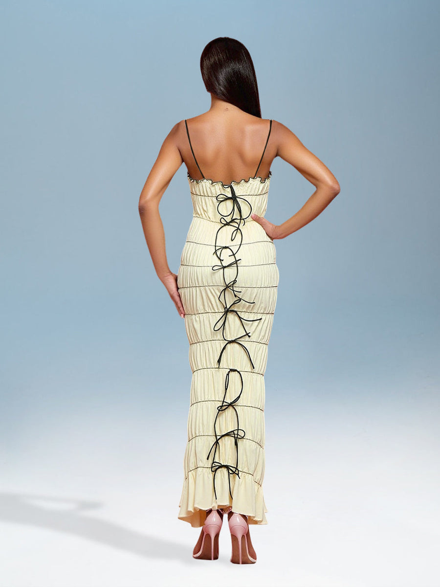 Elegant Maxi Dress with Pleated Bow Tie