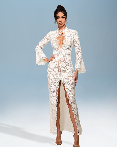 Sexy Lace Dress with Deep V-Neck and Tie