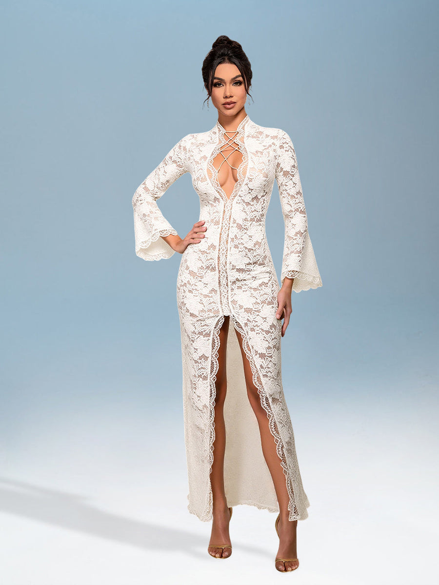 Véronique Bellamy — Sexy Lace Dress with Deep V-Neck and Tie