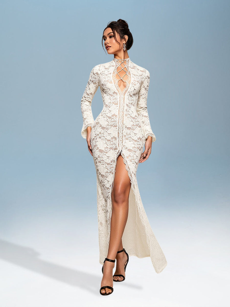 Sexy Lace Dress with Deep V-Neck and Tie