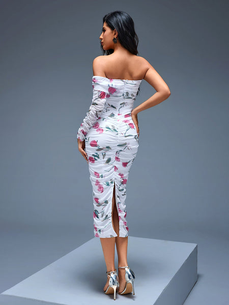 Floral Midi Camisole Dress with Ruffles and One Shoulder