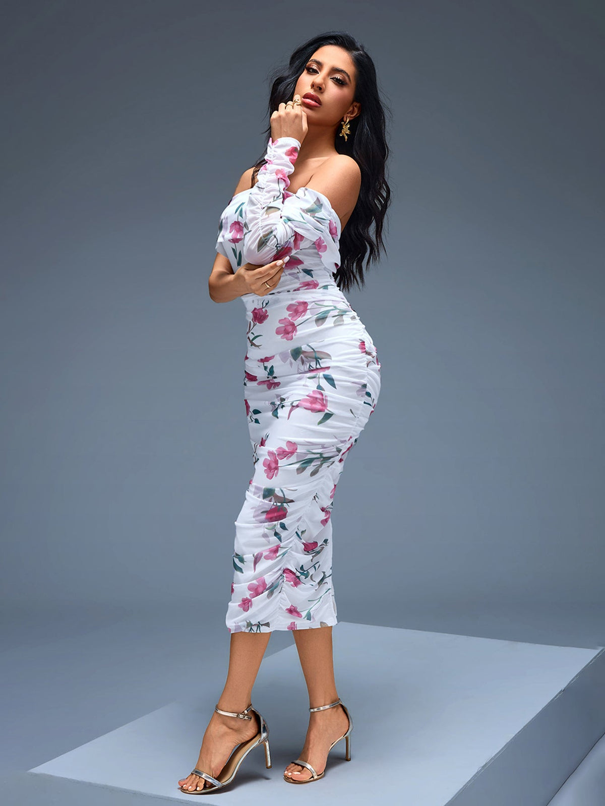 Harbor Rousseau — Floral Midi Camisole Dress with Ruffles and One Shoulder, alternate view 4
