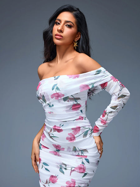 Floral Midi Camisole Dress with Ruffles and One Shoulder
